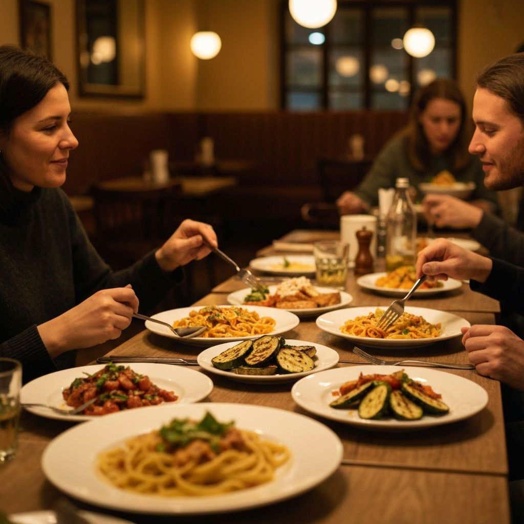 Social dining scene at a cafe with shared plates
