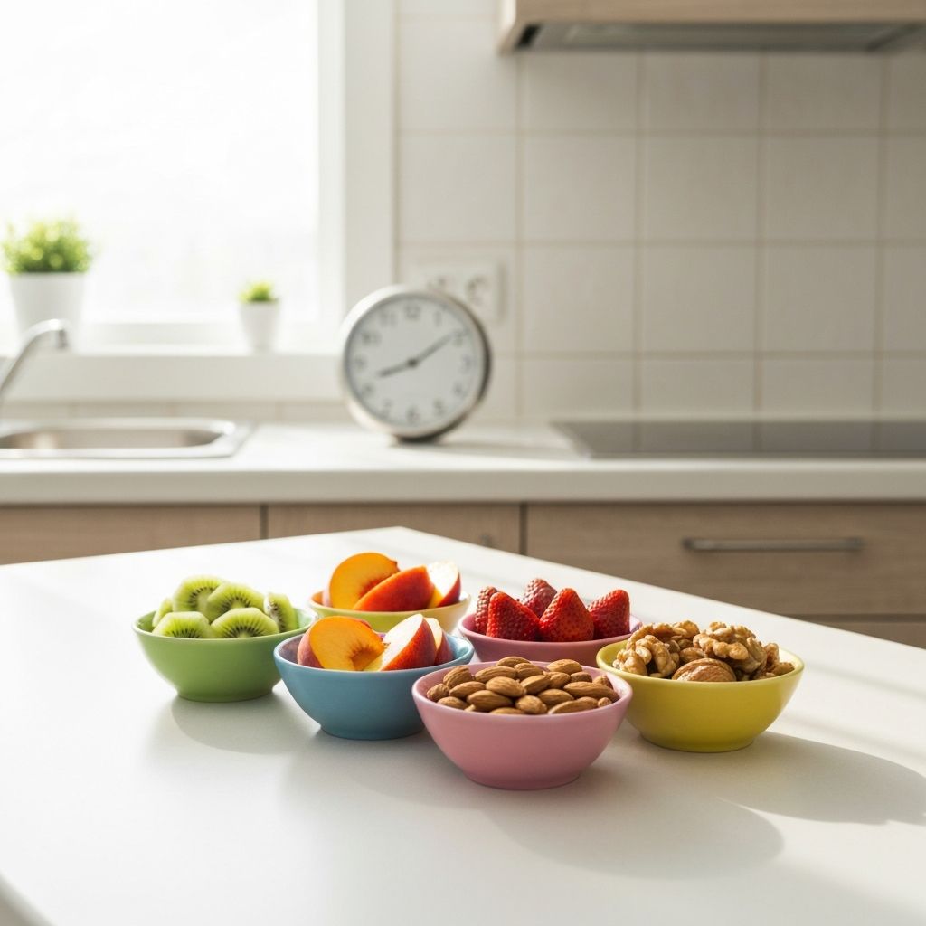 Afternoon snack arrangement with fresh fruits and nuts